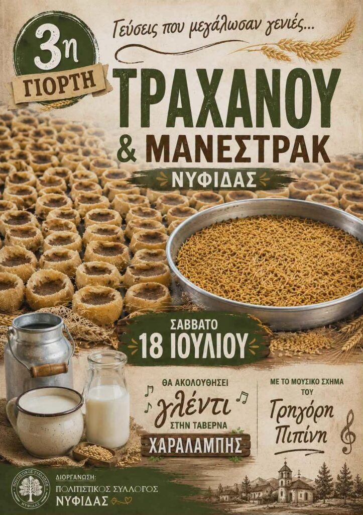 3η Γιορτή Τραχανά & Μανέστρας στην Νυφίδα Λέσβου 18 Ιουλίου 2026